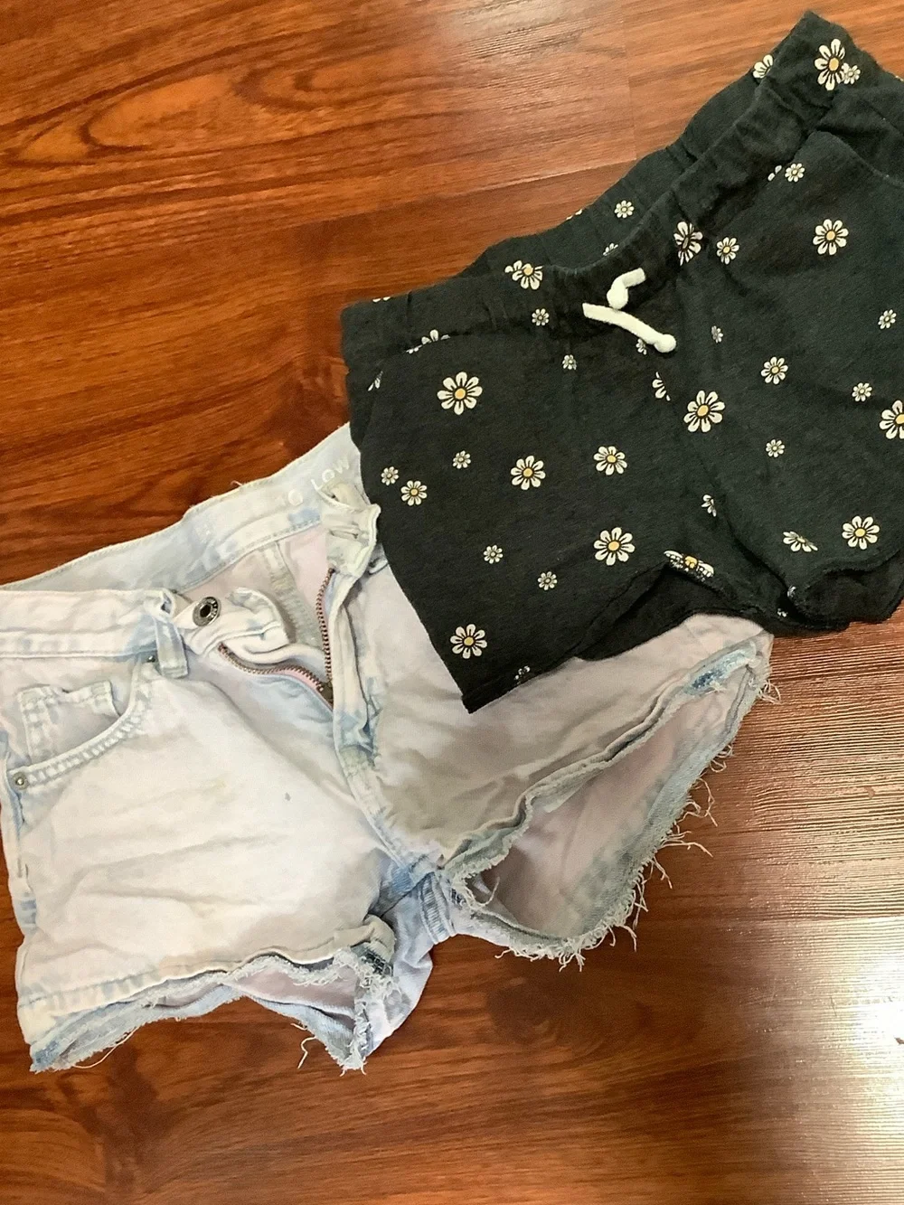 Old Navy Black Daisy Print Drawstring Shorts & Light Wash Denim Cutoffs